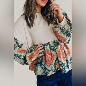 Paisley Geo Print Pleated Loose Fit Blouse | S-XL